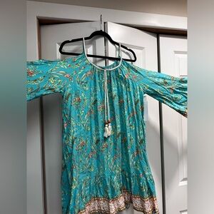 MODA ME COUTURE Turquoise Floral One-Shoulder Dress with Tassel
